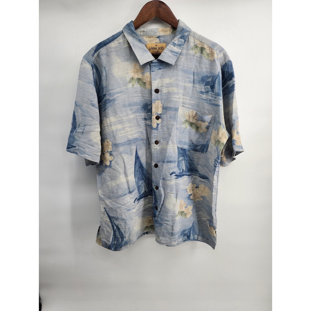 Havana Jacks Cafe Blue Silk Sailboat Hibiscus Floral Aloha Shirt XL